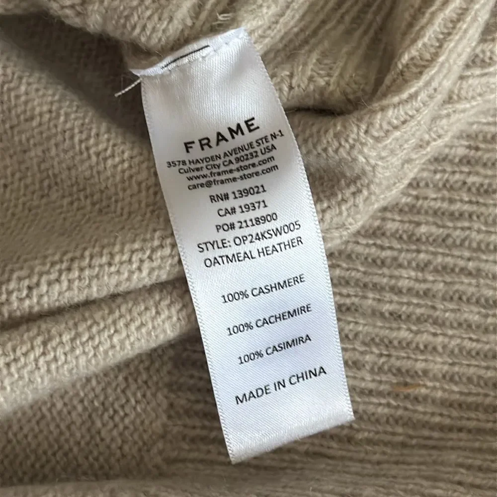 Frame Cashmere High-Low Turtleneck Sweater in Oatmeal Heather Size M